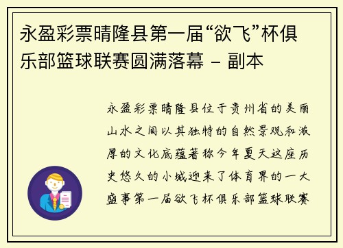 永盈彩票晴隆县第一届“欲飞”杯俱乐部篮球联赛圆满落幕 - 副本