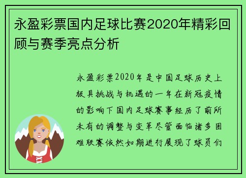 永盈彩票国内足球比赛2020年精彩回顾与赛季亮点分析