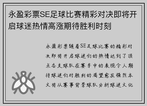 永盈彩票SE足球比赛精彩对决即将开启球迷热情高涨期待胜利时刻